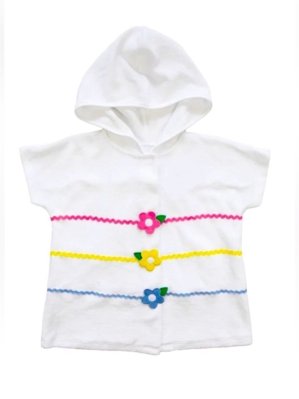 Florence Eiseman White Hooded Terry Poncho with Pink, Yellow & Blue Accents